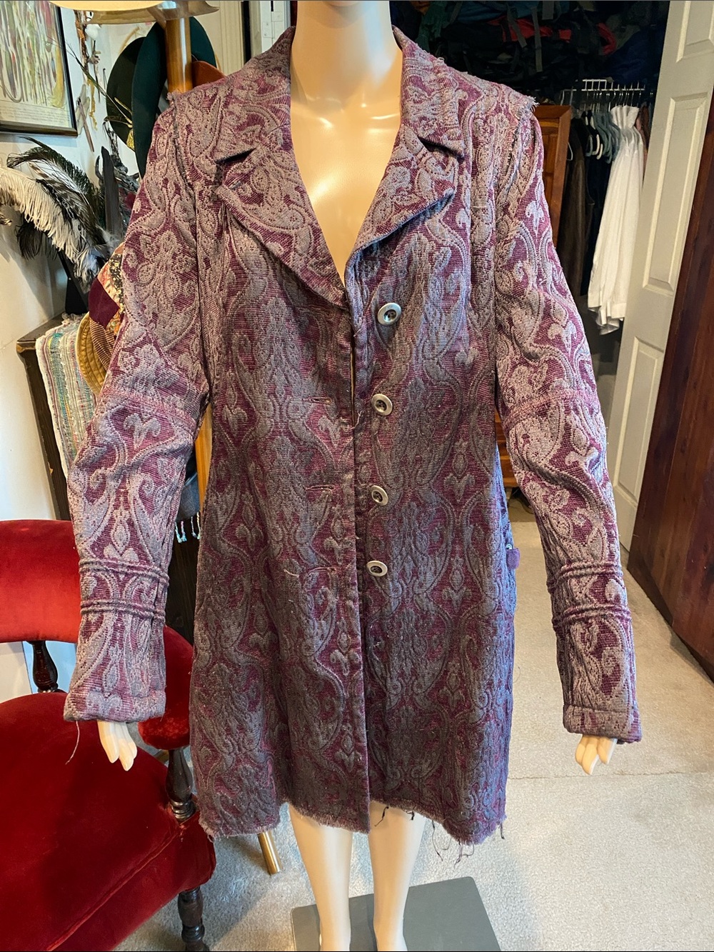 Free People Paisley Brocade Long Button-Front Trench Coat in Purple